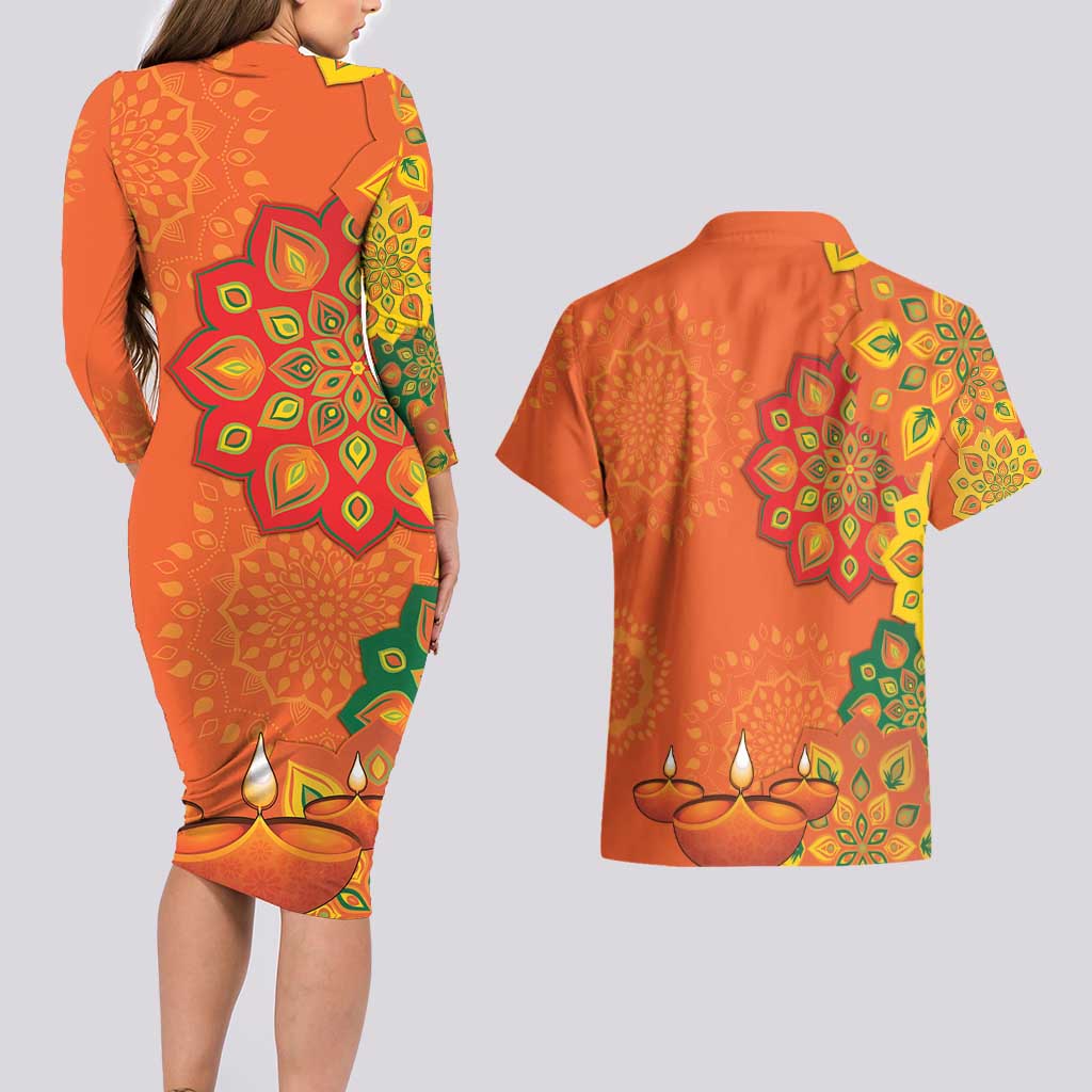 Happy Diwali India Couples Matching Long Sleeve Bodycon Dress and Hawaiian Shirt With Rangoli Patterns - Wonder Print Shop