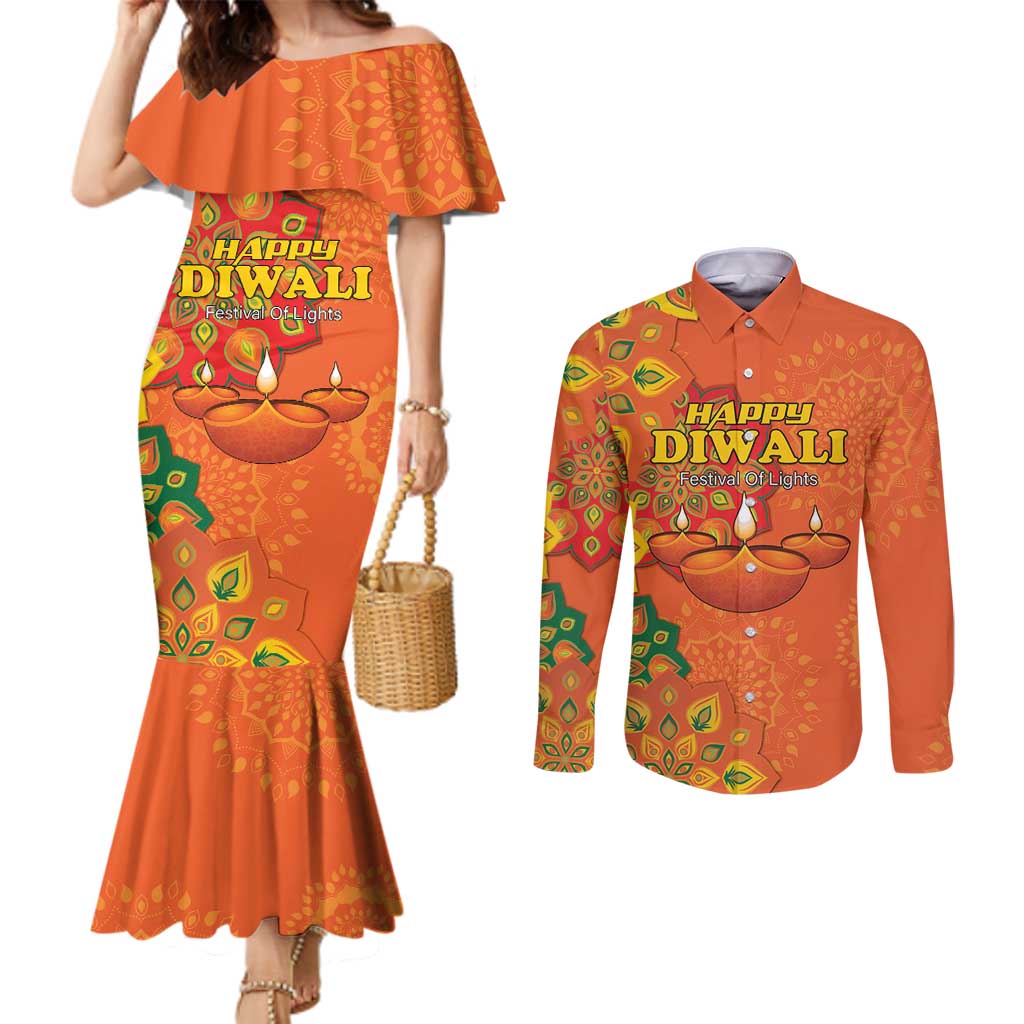Happy Diwali India Couples Matching Mermaid Dress and Long Sleeve Button Shirt With Rangoli Patterns