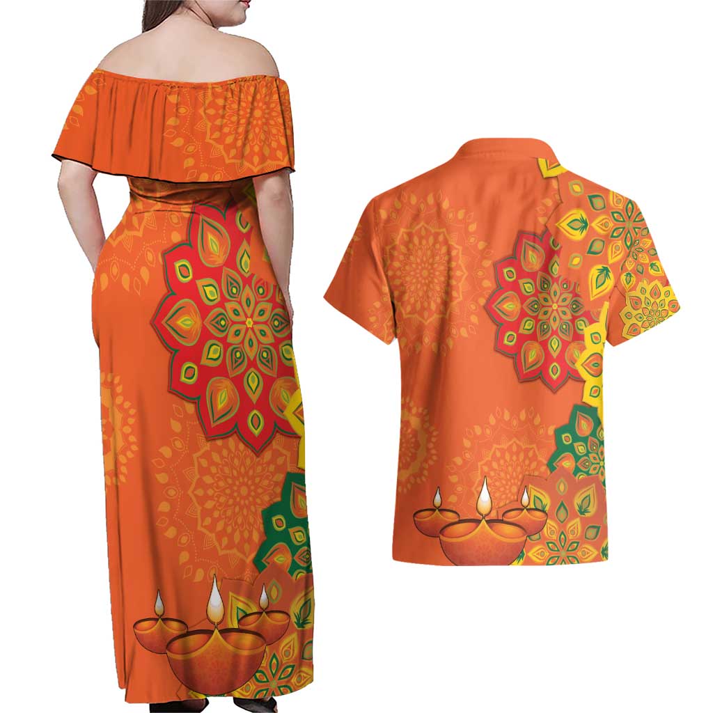 Happy Diwali India Couples Matching Off Shoulder Maxi Dress and Hawaiian Shirt With Rangoli Patterns - Wonder Print Shop
