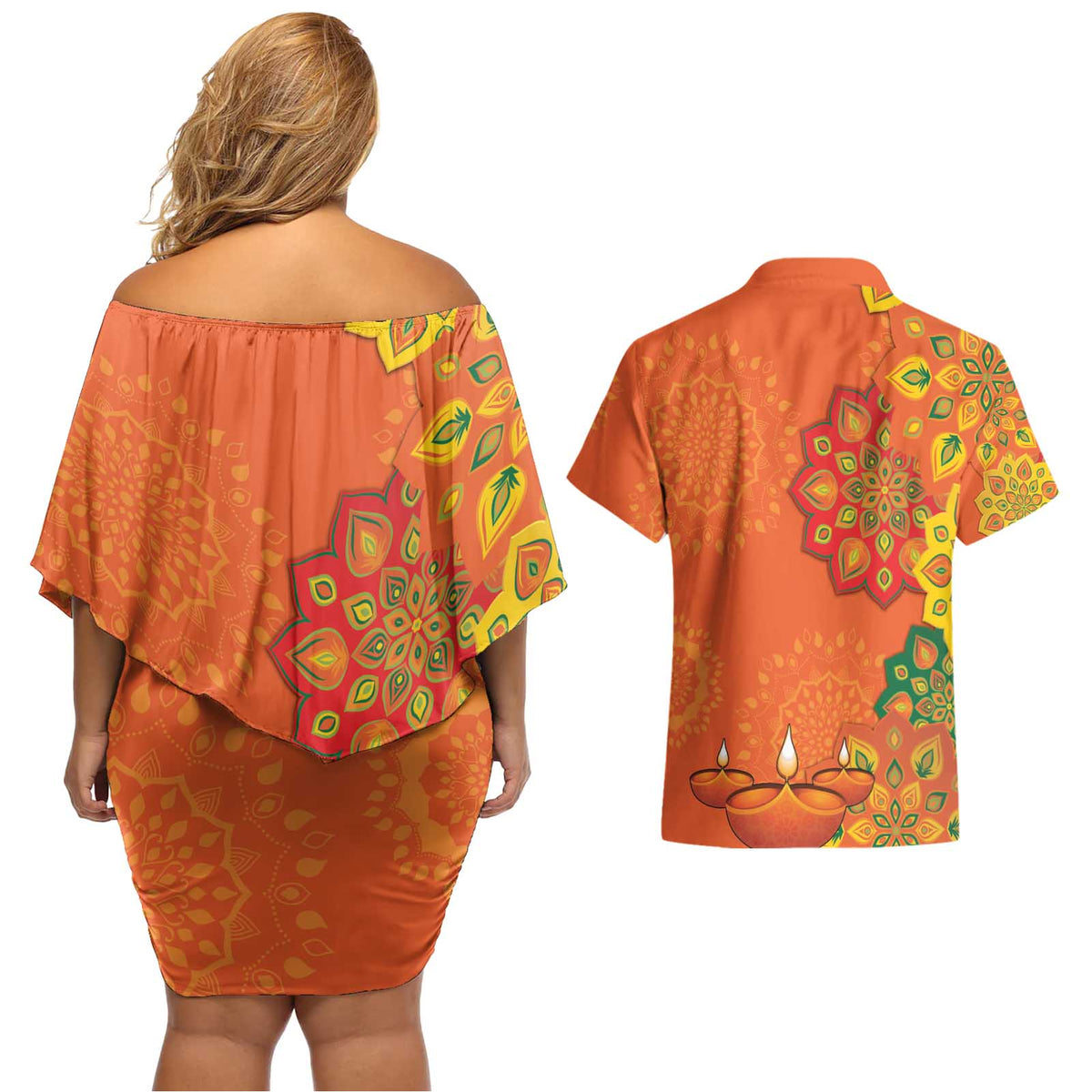 Happy Diwali India Couples Matching Off Shoulder Short Dress and Hawaiian Shirt With Rangoli Patterns - Wonder Print Shop