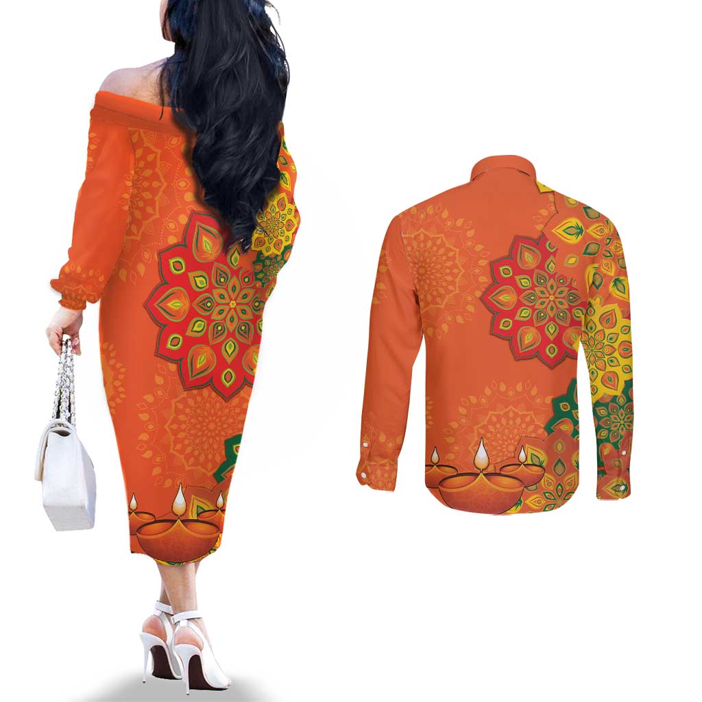 Happy Diwali India Couples Matching Off The Shoulder Long Sleeve Dress and Long Sleeve Button Shirt With Rangoli Patterns