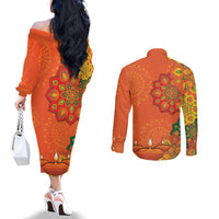 Happy Diwali India Couples Matching Off The Shoulder Long Sleeve Dress and Long Sleeve Button Shirt With Rangoli Patterns