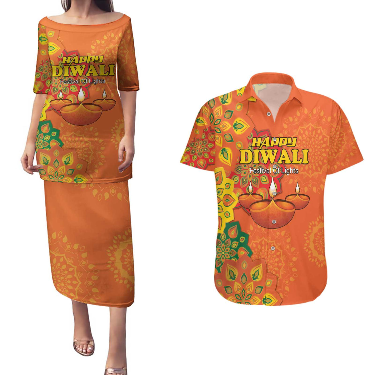 Happy Diwali India Couples Matching Puletasi and Hawaiian Shirt With Rangoli Patterns - Wonder Print Shop