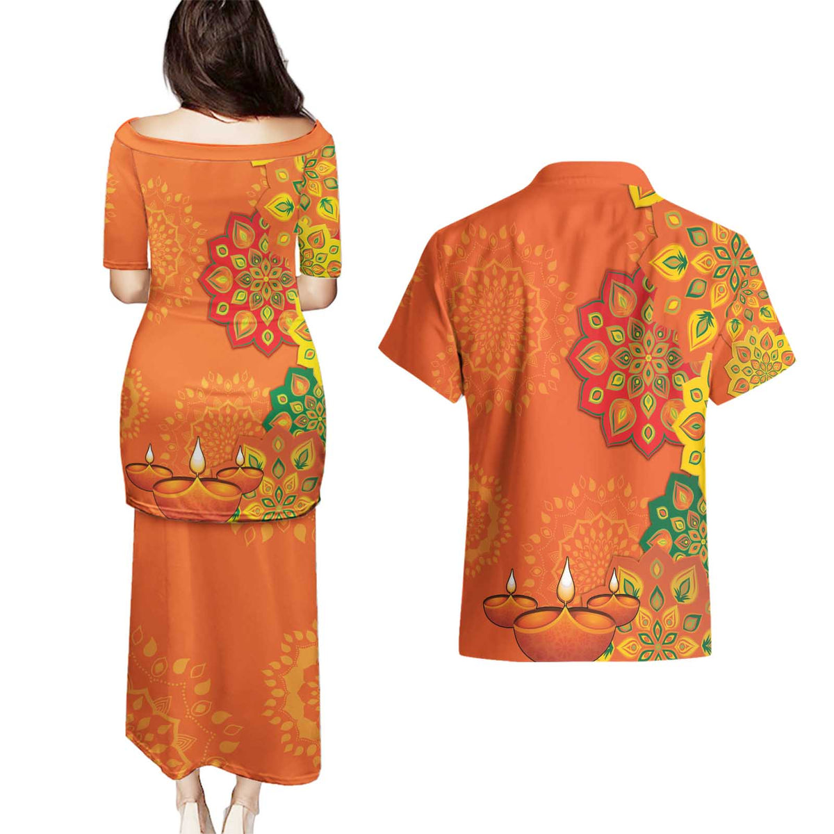 Happy Diwali India Couples Matching Puletasi and Hawaiian Shirt With Rangoli Patterns - Wonder Print Shop
