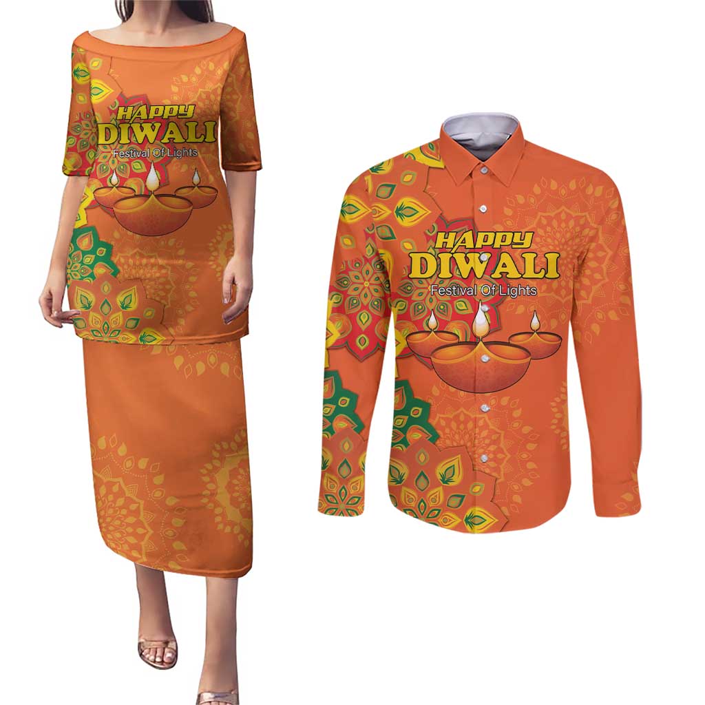 Happy Diwali India Couples Matching Puletasi and Long Sleeve Button Shirt With Rangoli Patterns - Wonder Print Shop