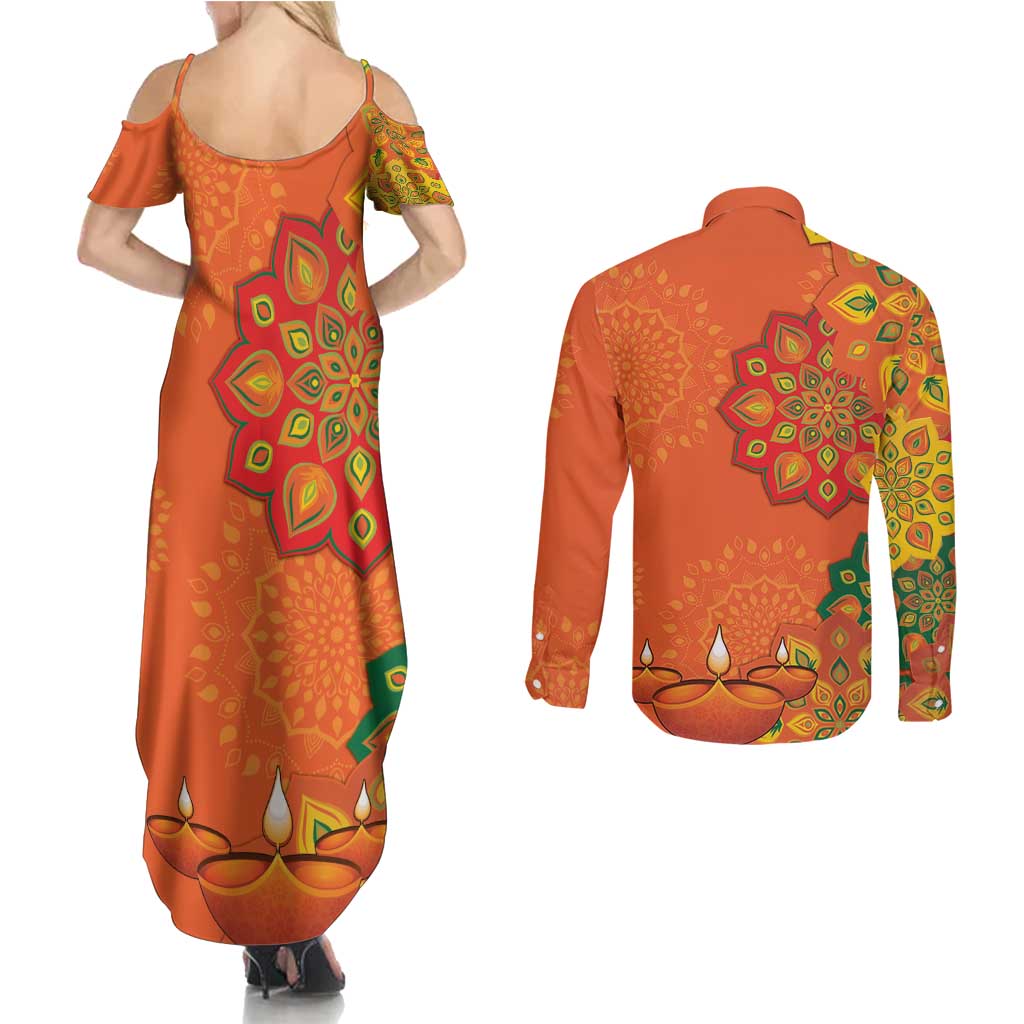 Happy Diwali India Couples Matching Summer Maxi Dress and Long Sleeve Button Shirt With Rangoli Patterns - Wonder Print Shop