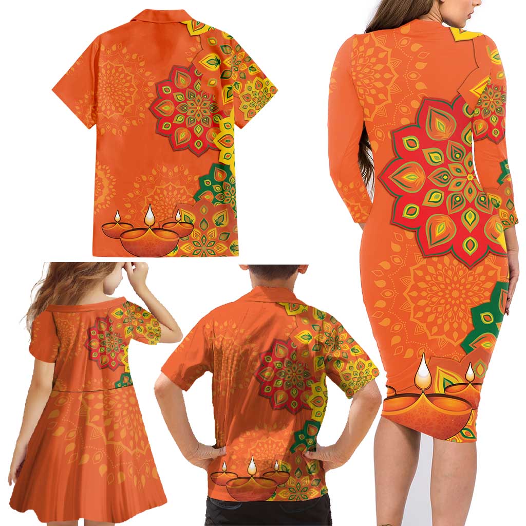 Happy Diwali India Family Matching Long Sleeve Bodycon Dress and Hawaiian Shirt With Rangoli Patterns - Wonder Print Shop