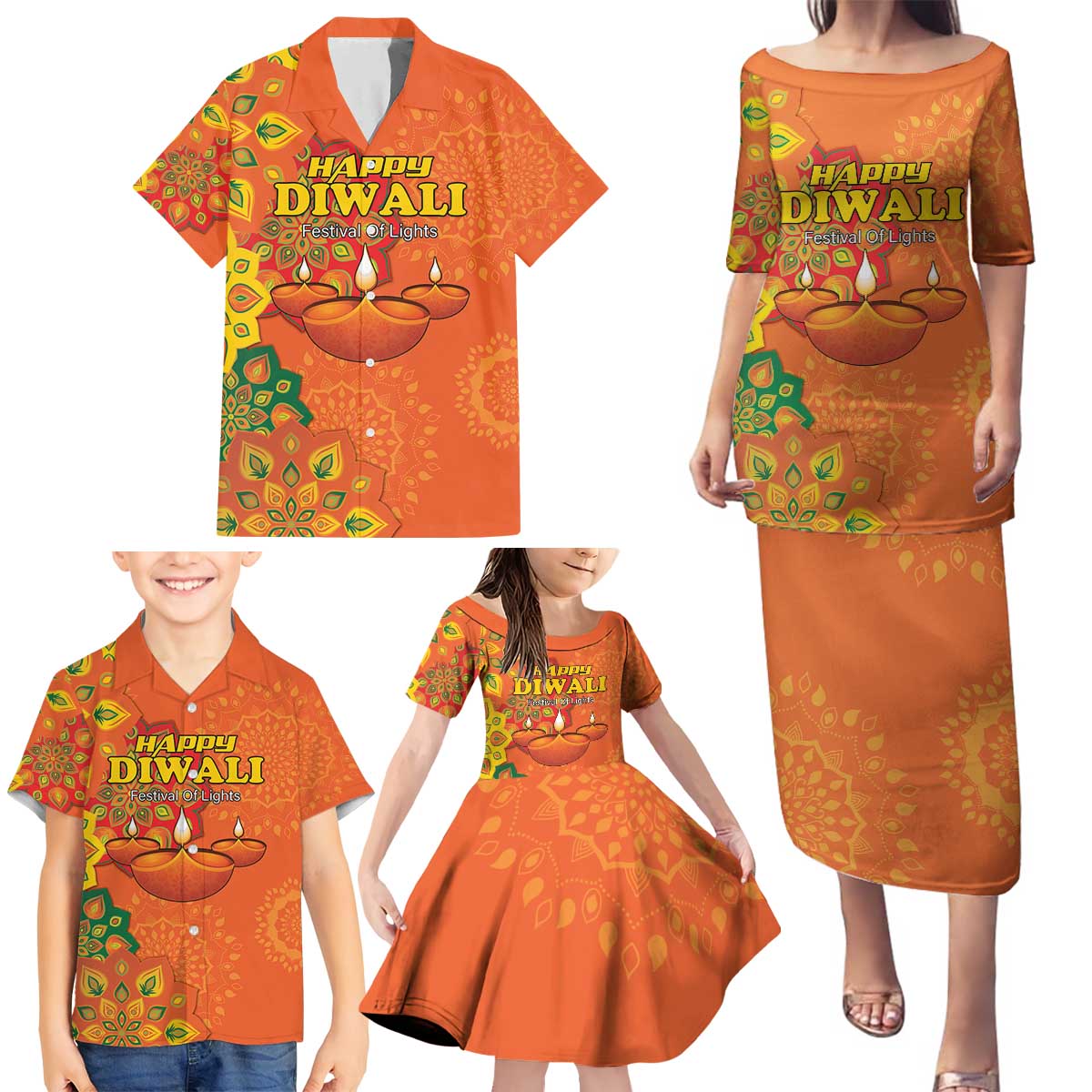 Happy Diwali India Family Matching Puletasi and Hawaiian Shirt With Rangoli Patterns - Wonder Print Shop
