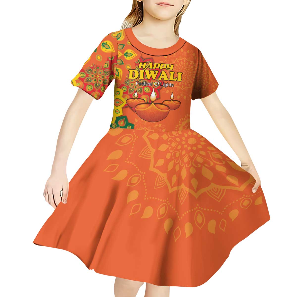 Happy Diwali India Kid Short Sleeve Dress With Rangoli Patterns - Wonder Print Shop