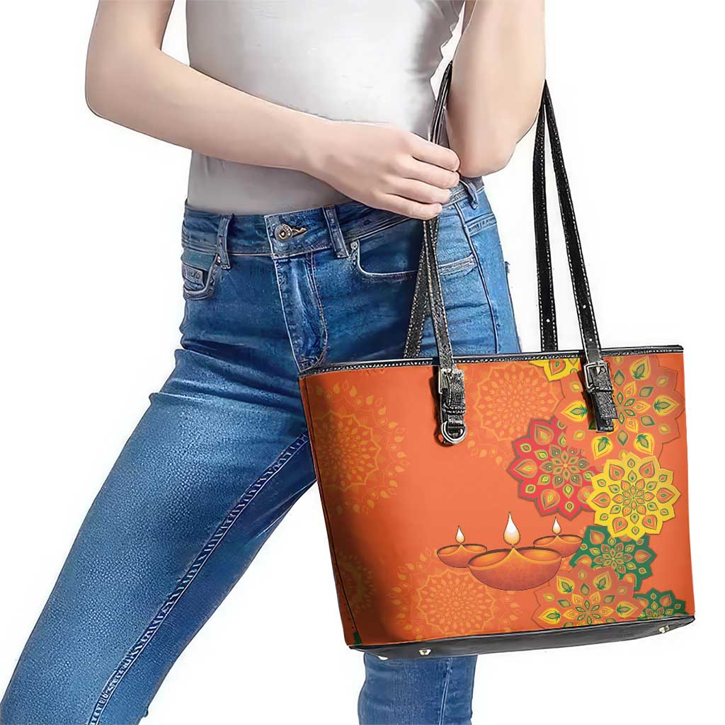 Happy Diwali India Leather Tote Bag With Rangoli Patterns - Wonder Print Shop