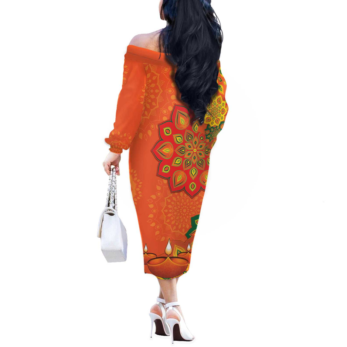 Happy Diwali India Off The Shoulder Long Sleeve Dress With Rangoli Patterns - Wonder Print Shop
