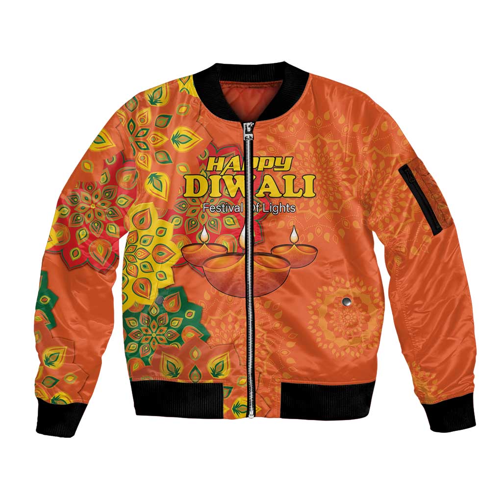 Happy Diwali India Sleeve Zip Bomber Jacket With Rangoli Patterns - Wonder Print Shop