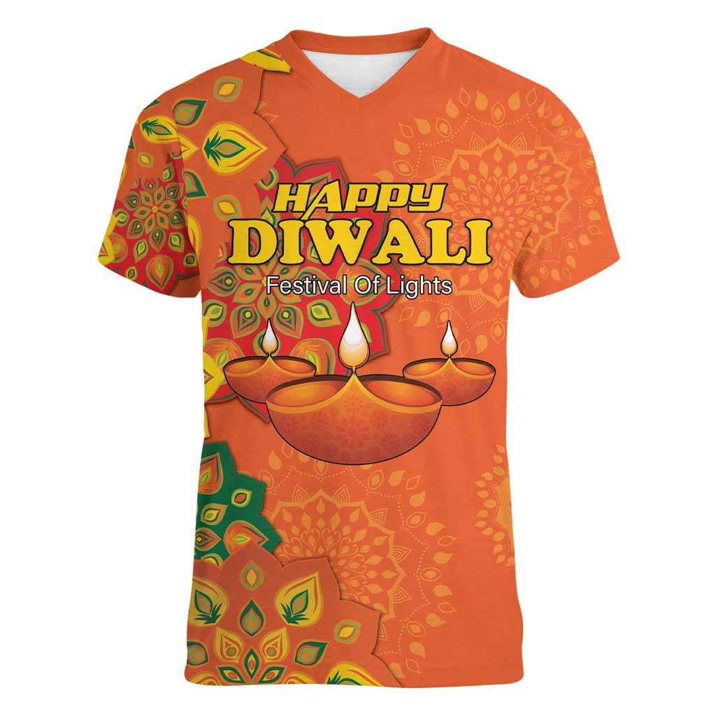 Happy Diwali India Women V-Neck T-Shirt With Rangoli Patterns - Wonder Print Shop
