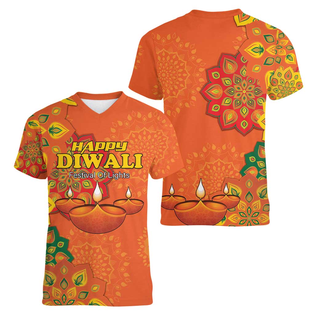 Happy Diwali India Women V-Neck T-Shirt With Rangoli Patterns - Wonder Print Shop