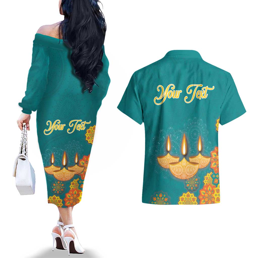 Personalized India Diwali Couples Matching Off The Shoulder Long Sleeve Dress and Hawaiian Shirt Festival Of Light With Diya - Wonder Print Shop