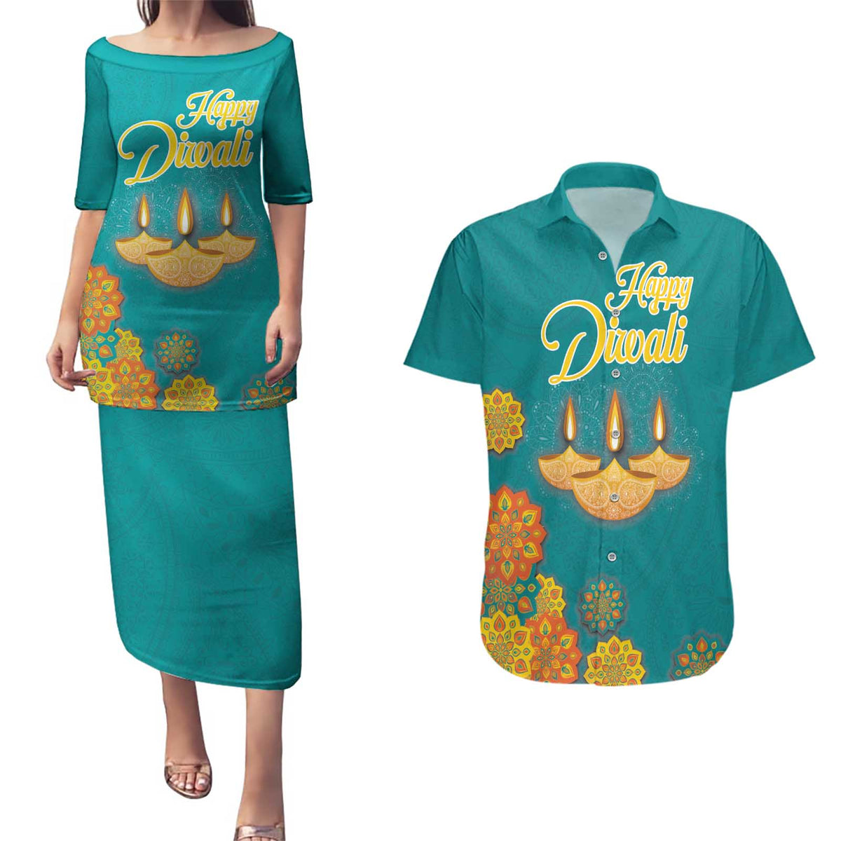 Personalized India Diwali Couples Matching Puletasi and Hawaiian Shirt Festival Of Light With Diya - Wonder Print Shop