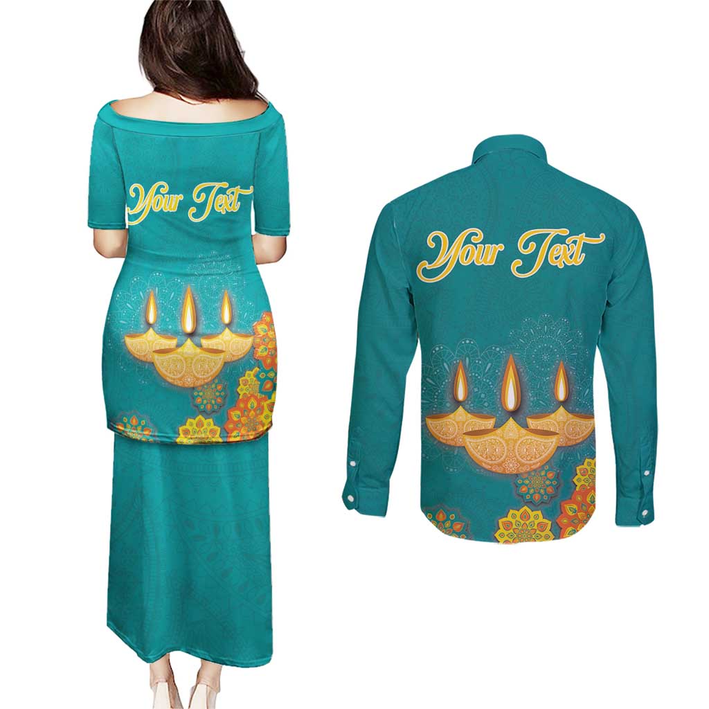 Personalized India Diwali Couples Matching Puletasi and Long Sleeve Button Shirt Festival Of Light With Diya - Wonder Print Shop