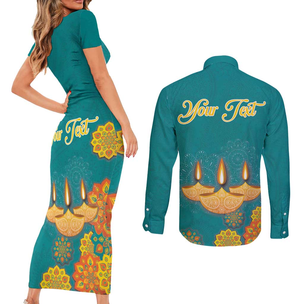 Personalized India Diwali Couples Matching Short Sleeve Bodycon Dress and Long Sleeve Button Shirt Festival Of Light With Diya - Wonder Print Shop