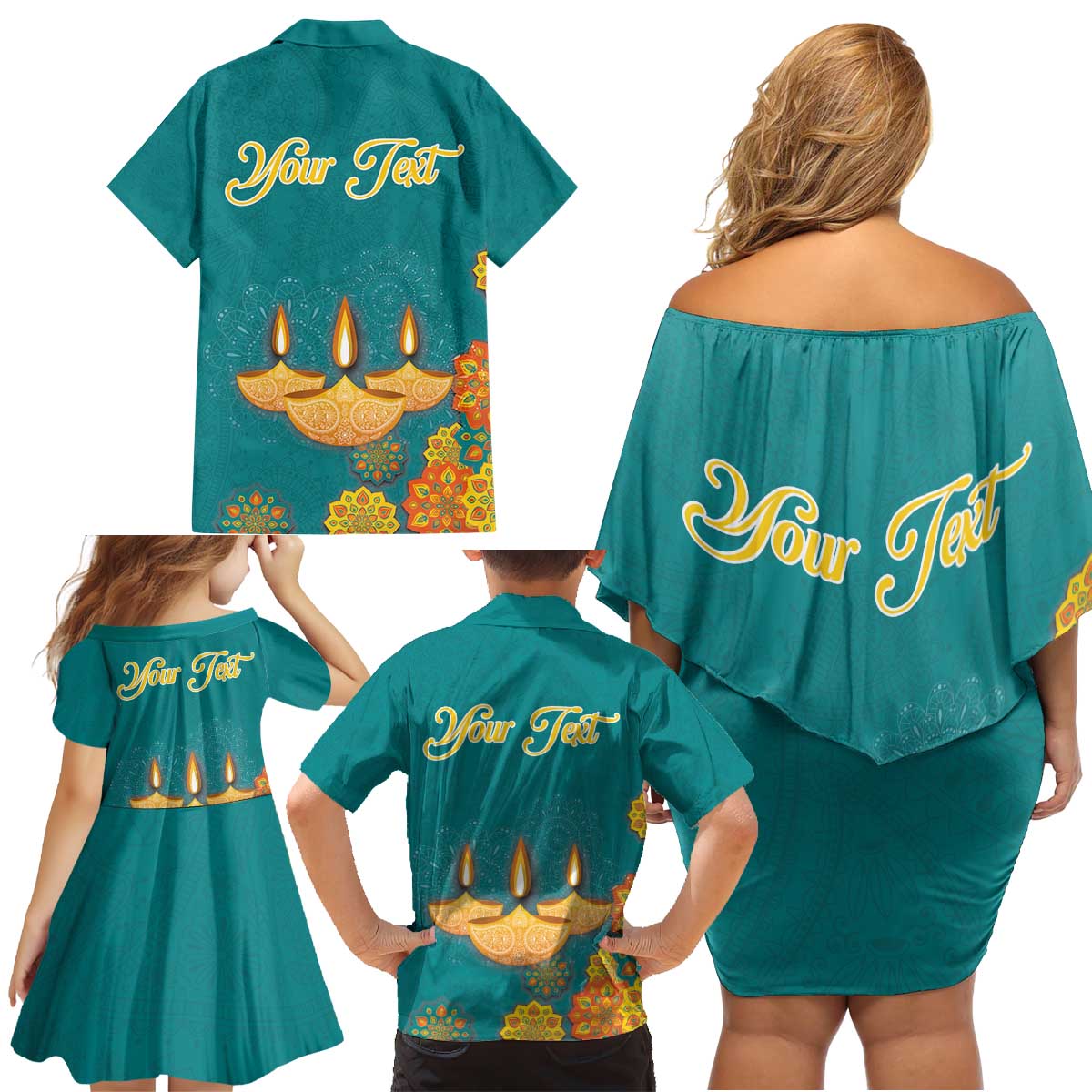 Personalized India Diwali Family Matching Off Shoulder Short Dress and Hawaiian Shirt Festival Of Light With Diya - Wonder Print Shop