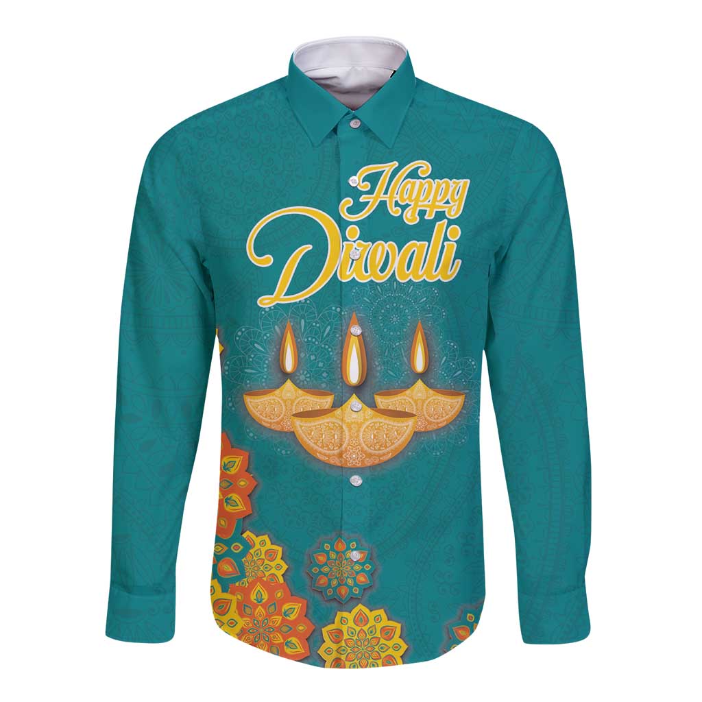 Personalized India Diwali Long Sleeve Button Shirt Festival Of Light With Diya - Wonder Print Shop