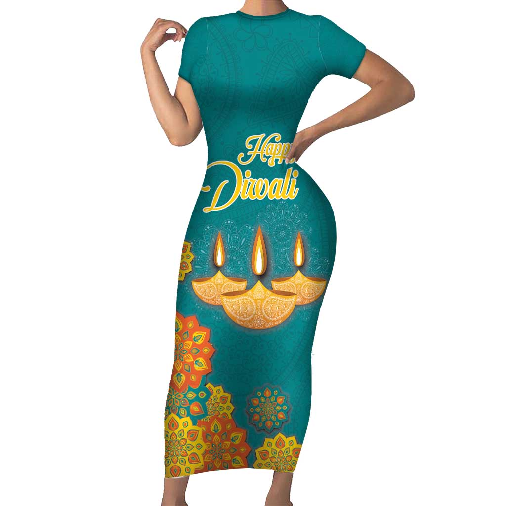 Personalized India Diwali Short Sleeve Bodycon Dress Festival Of Light With Diya - Wonder Print Shop