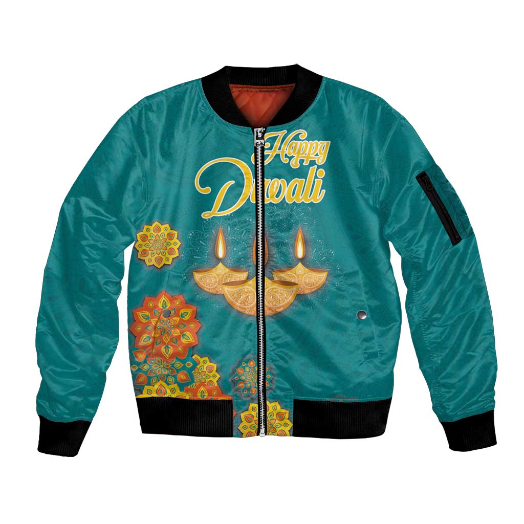 Personalized India Diwali Sleeve Zip Bomber Jacket Festival Of Light With Diya - Wonder Print Shop