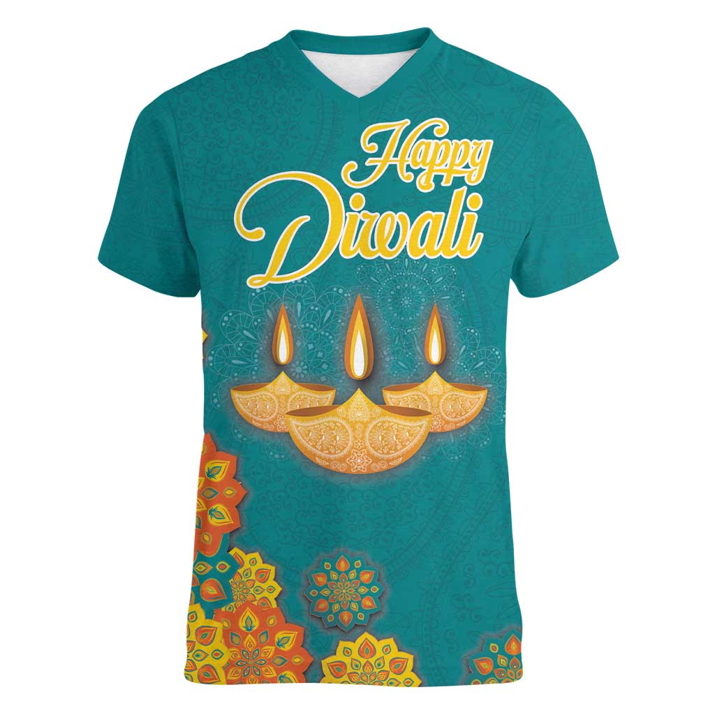 Personalized India Diwali Women V-Neck T-Shirt Festival Of Light With Diya - Wonder Print Shop