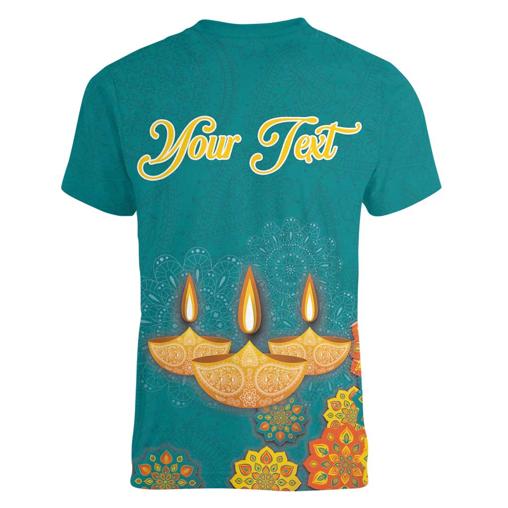 Personalized India Diwali Women V-Neck T-Shirt Festival Of Light With Diya - Wonder Print Shop