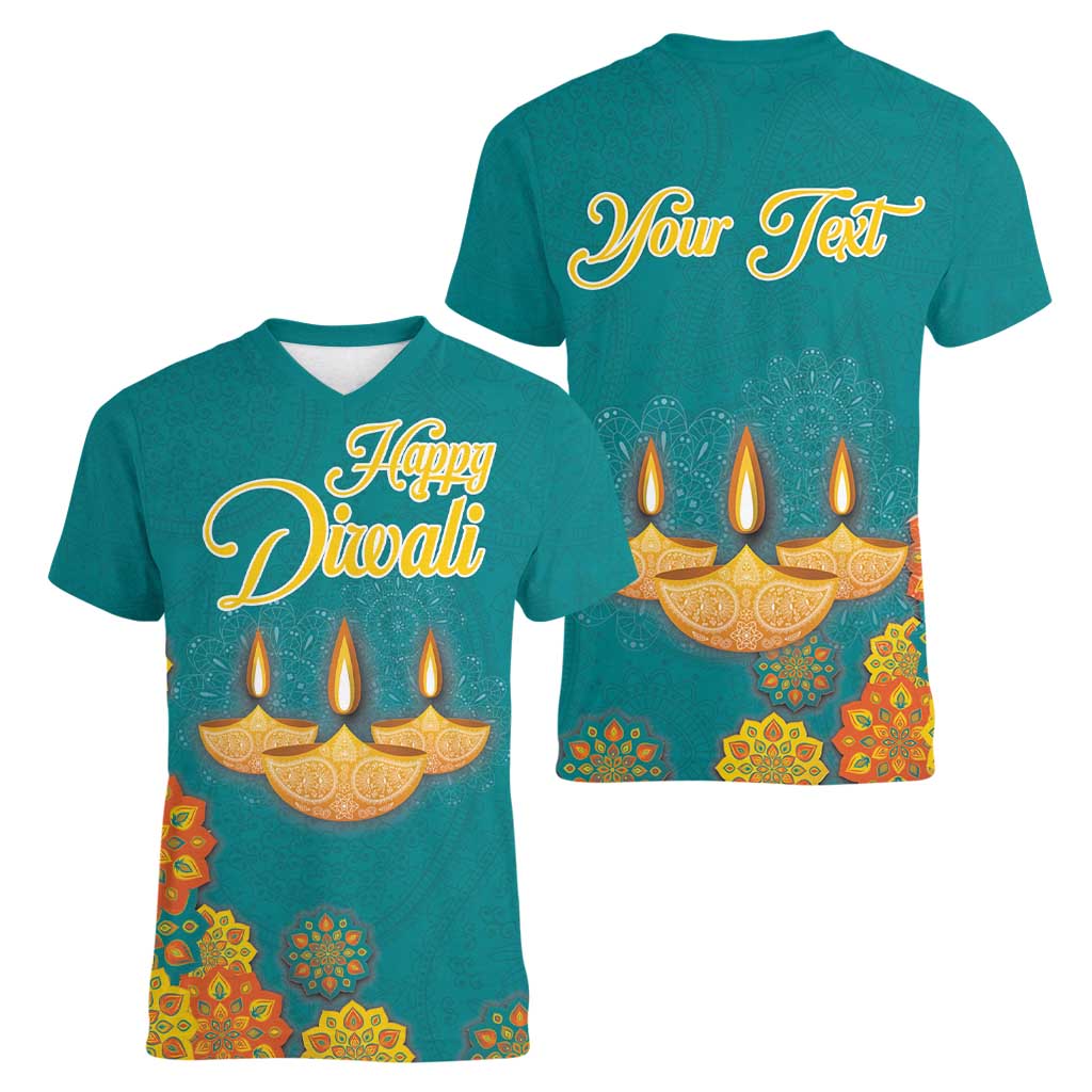 Personalized India Diwali Women V-Neck T-Shirt Festival Of Light With Diya - Wonder Print Shop