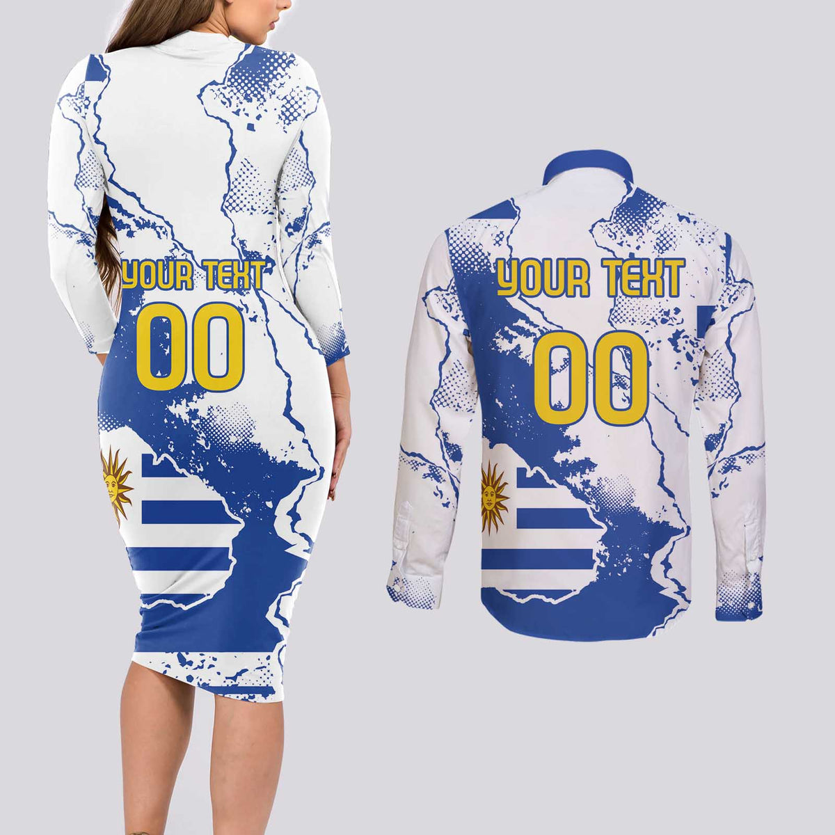 Custom Uruguay Independence Day Couples Matching Long Sleeve Bodycon Dress and Long Sleeve Button Shirt Sol de Mayo With Grunge Urban - Wonder Print Shop