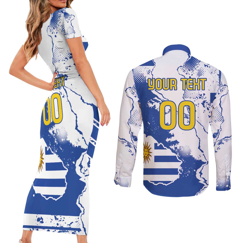 Custom Uruguay Independence Day Couples Matching Short Sleeve Bodycon Dress and Long Sleeve Button Shirt Sol de Mayo With Grunge Urban - Wonder Print Shop