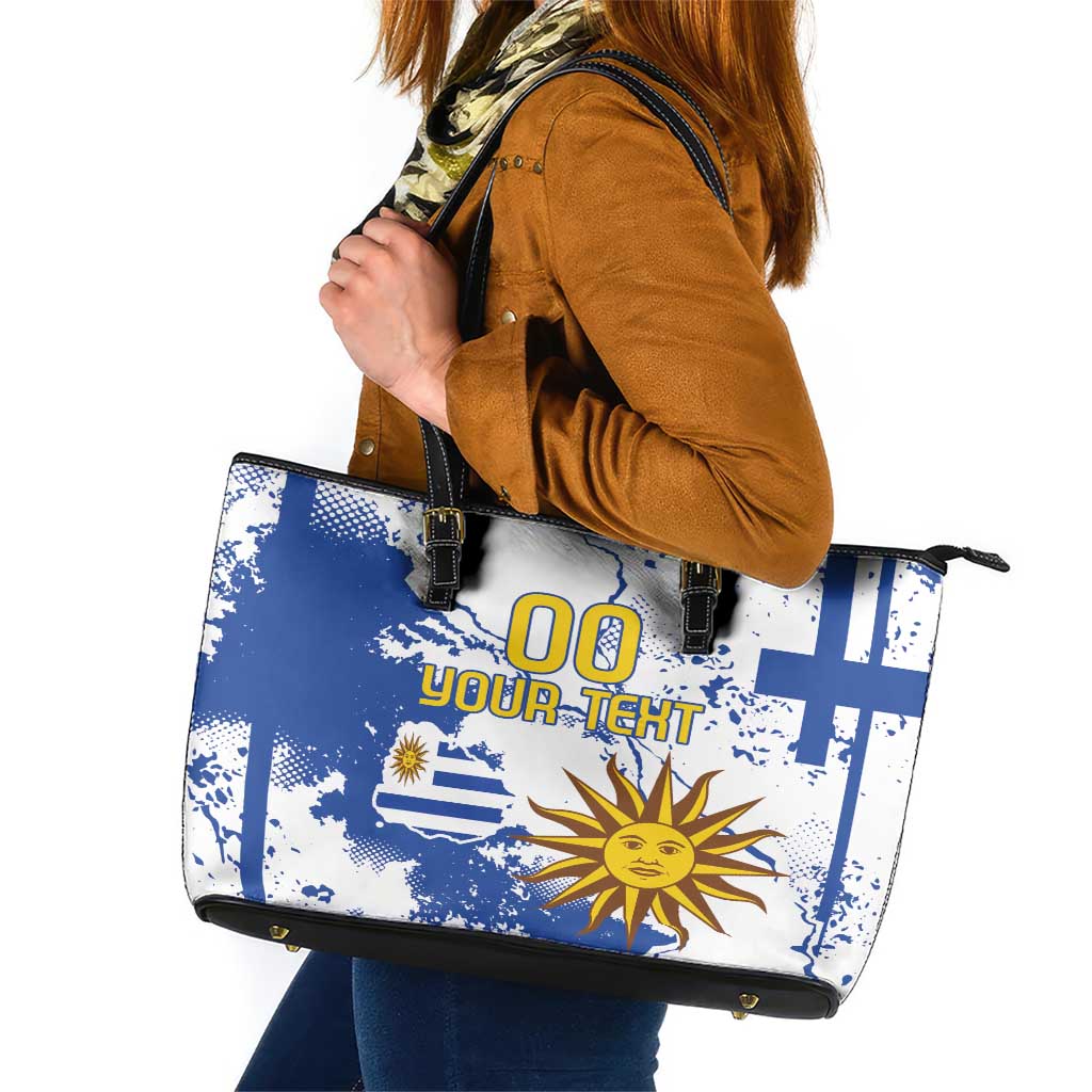 Custom Uruguay Independence Day Leather Tote Bag Sol de Mayo With Grunge Urban - Wonder Print Shop