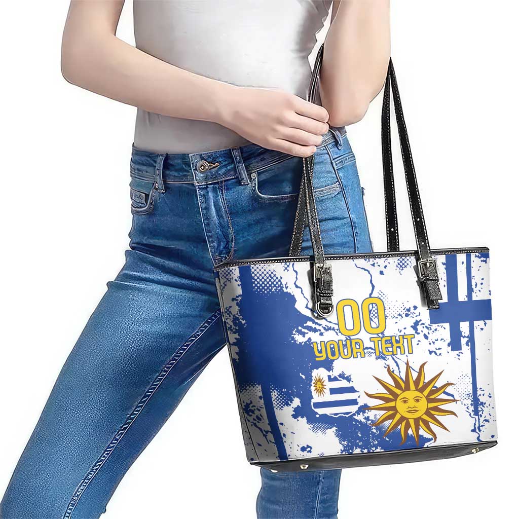 Custom Uruguay Independence Day Leather Tote Bag Sol de Mayo With Grunge Urban - Wonder Print Shop