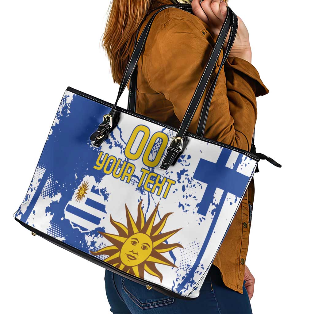 Custom Uruguay Independence Day Leather Tote Bag Sol de Mayo With Grunge Urban - Wonder Print Shop