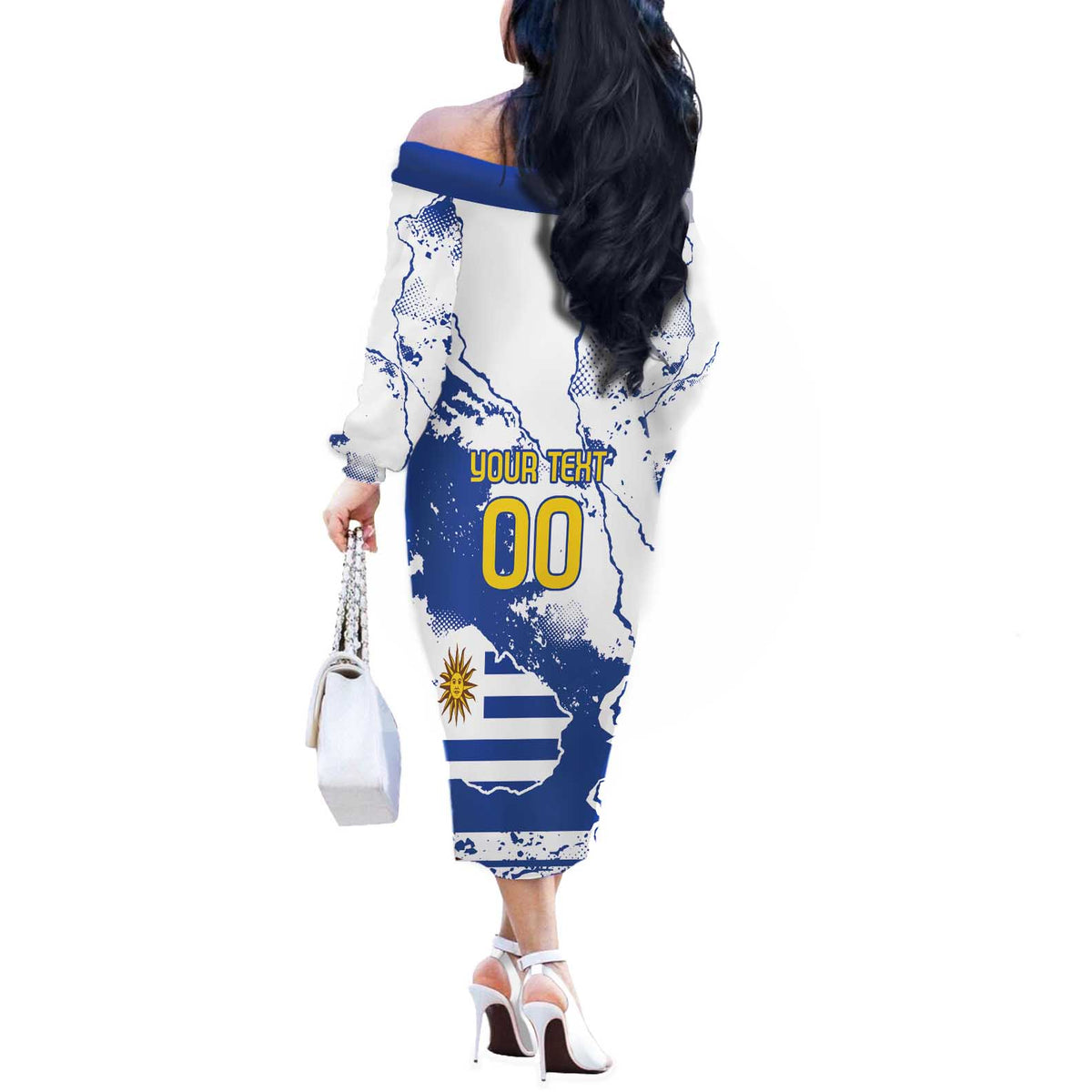 Custom Uruguay Independence Day Off The Shoulder Long Sleeve Dress Sol de Mayo With Grunge Urban - Wonder Print Shop