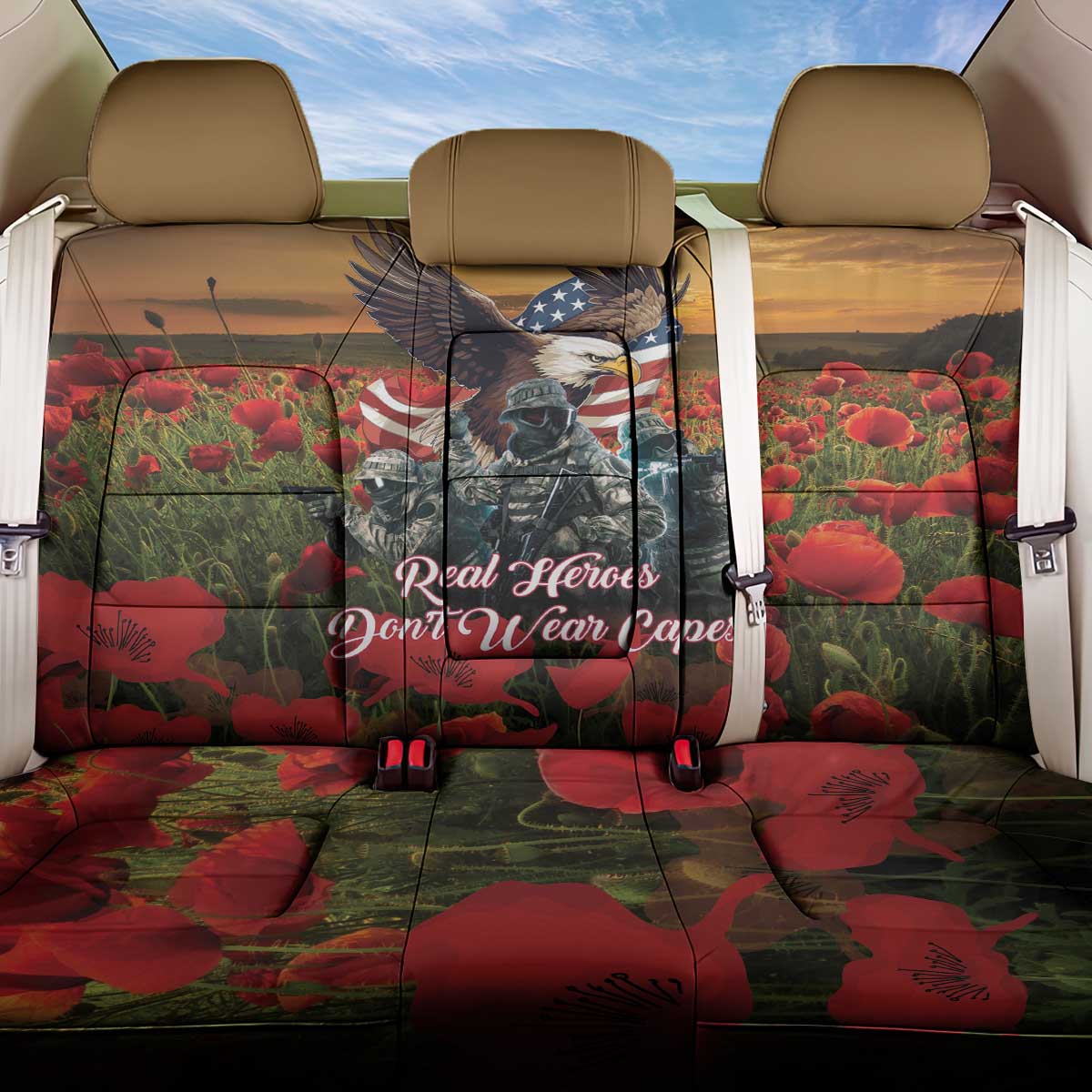 US Veterans Day American Army Back Car Seat Cover With Poppy Flowers - Wonder Print Shop