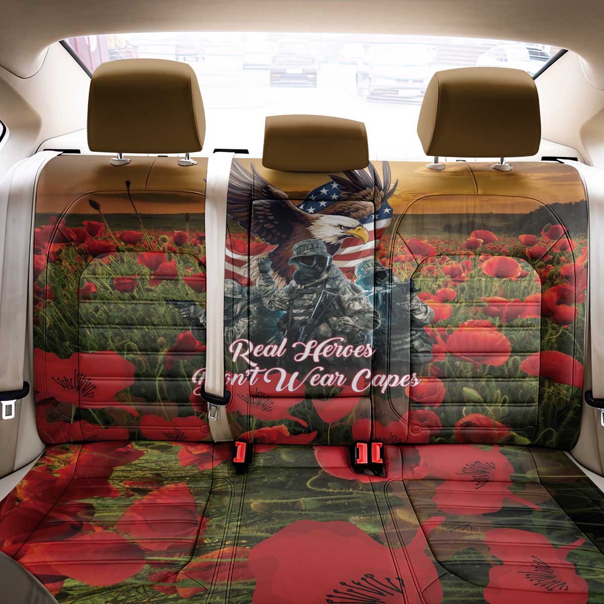 US Veterans Day American Army Back Car Seat Cover With Poppy Flowers - Wonder Print Shop