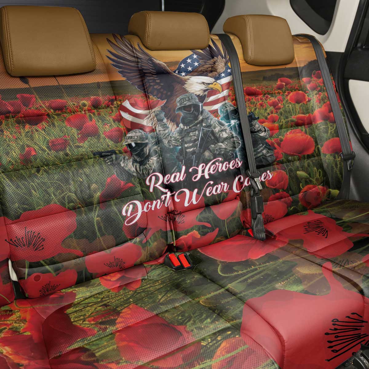 US Veterans Day American Army Back Car Seat Cover With Poppy Flowers - Wonder Print Shop