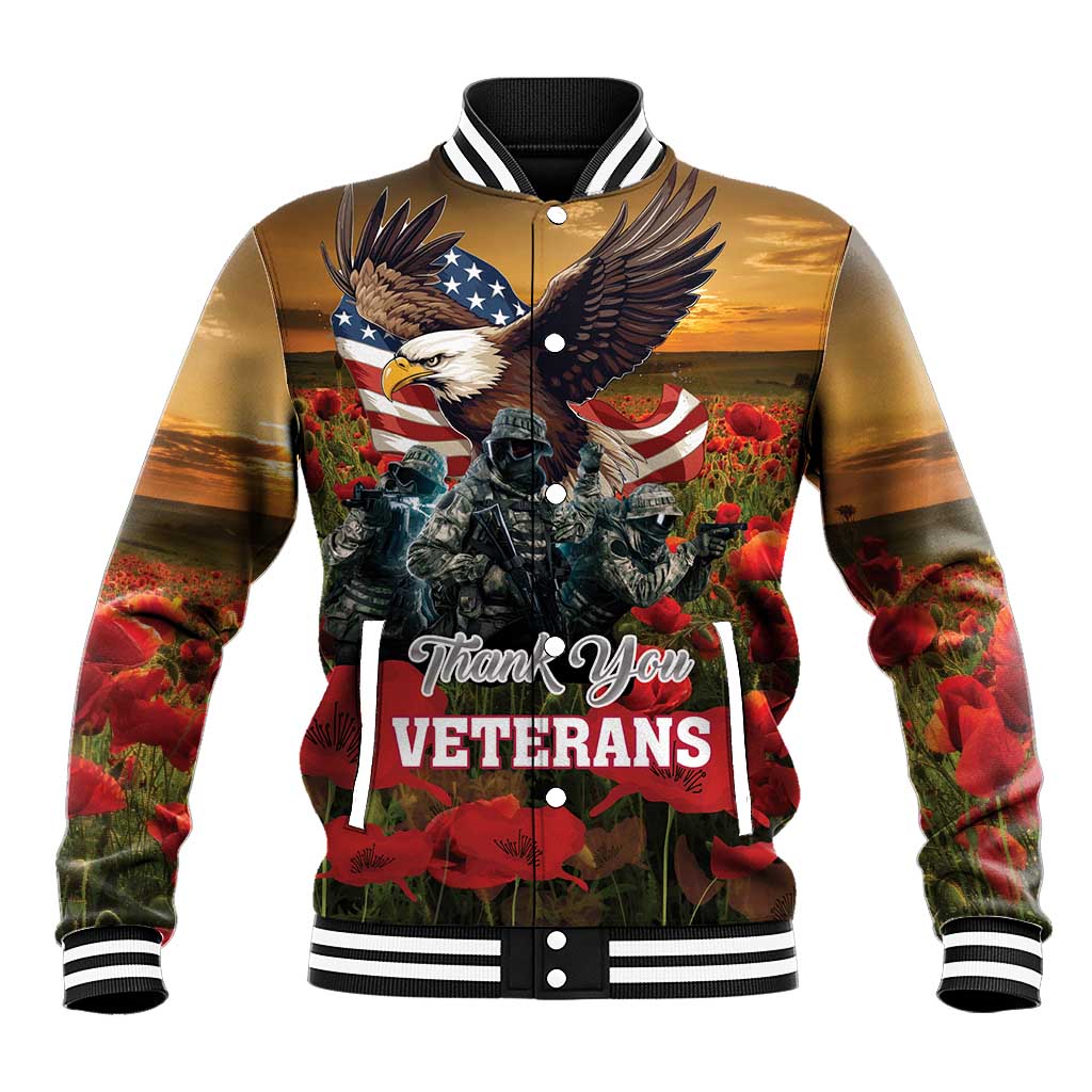 US Veterans Day American Army Baseball Jacket With Poppy Flowers - Wonder Print Shop