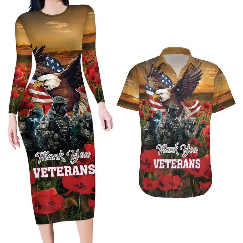 US Veterans Day American Army Couples Matching Long Sleeve Bodycon Dress and Hawaiian Shirt With Poppy Flowers - Wonder Print Shop