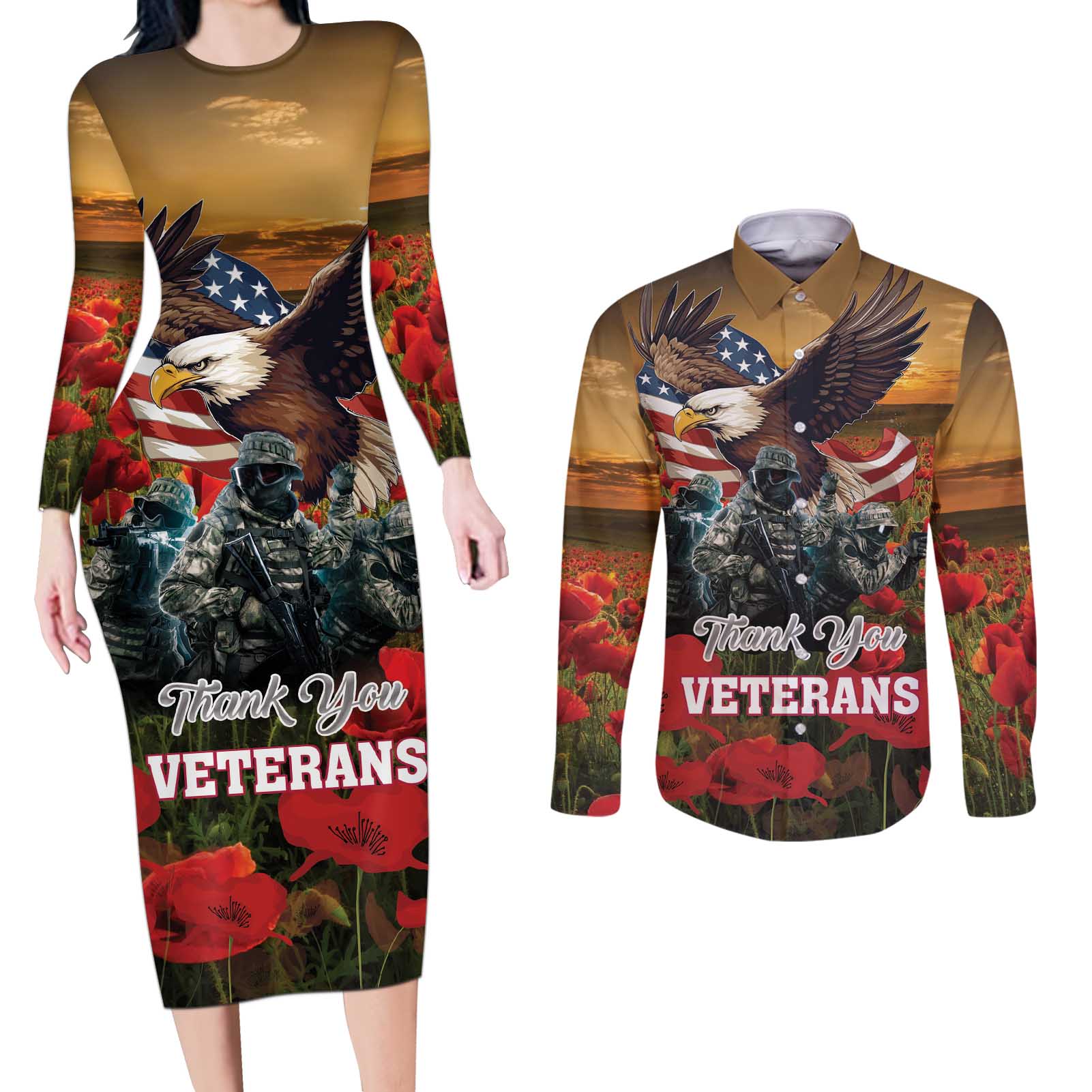 US Veterans Day American Army Couples Matching Long Sleeve Bodycon Dress and Long Sleeve Button Shirt With Poppy Flowers - Wonder Print Shop