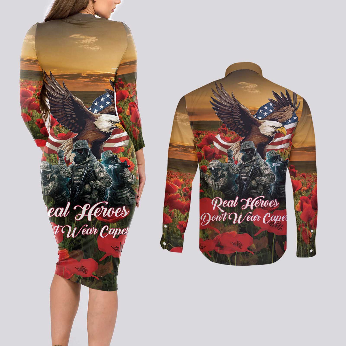 US Veterans Day American Army Couples Matching Long Sleeve Bodycon Dress and Long Sleeve Button Shirt With Poppy Flowers - Wonder Print Shop