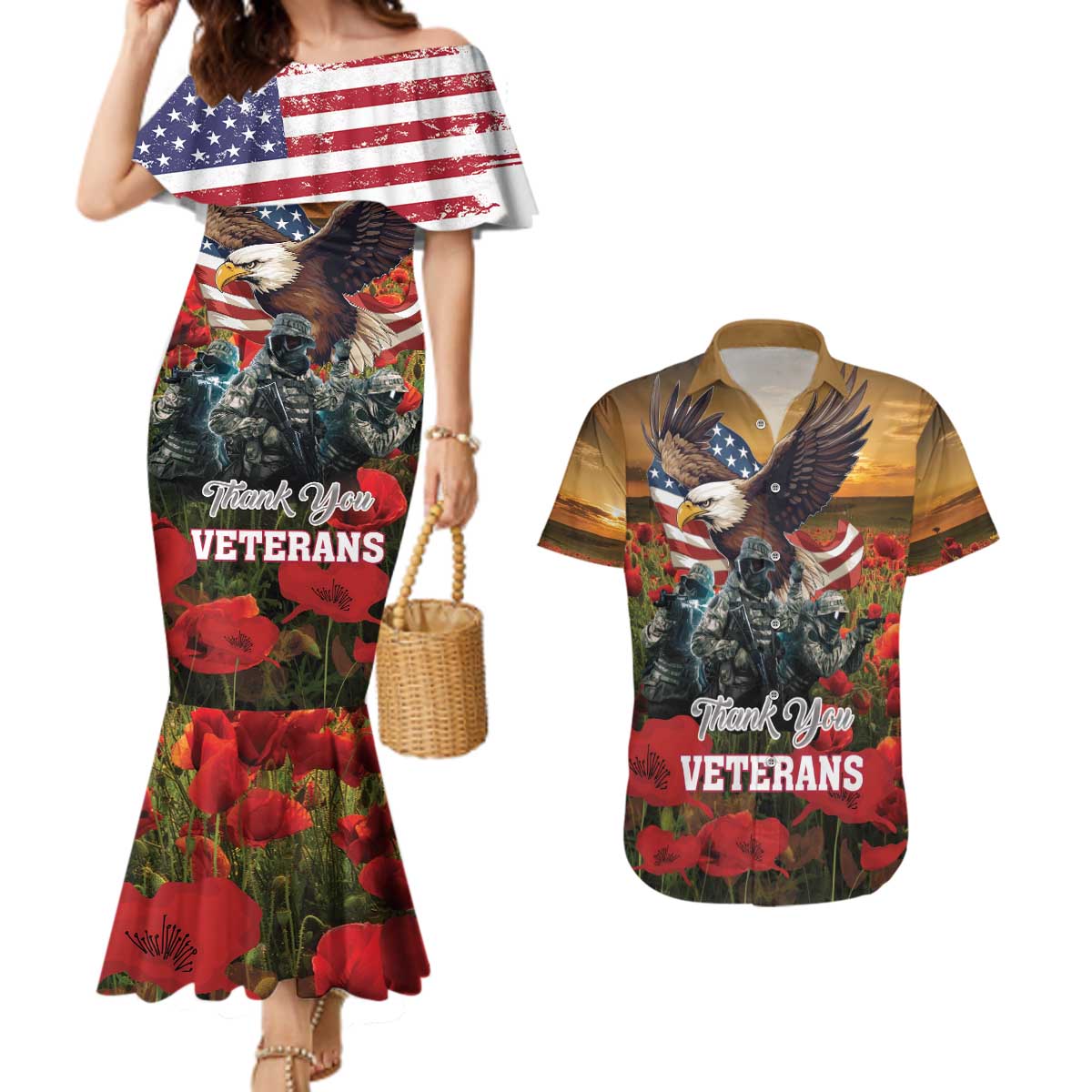 US Veterans Day American Army Couples Matching Mermaid Dress and Hawaiian Shirt With Poppy Flowers - Wonder Print Shop