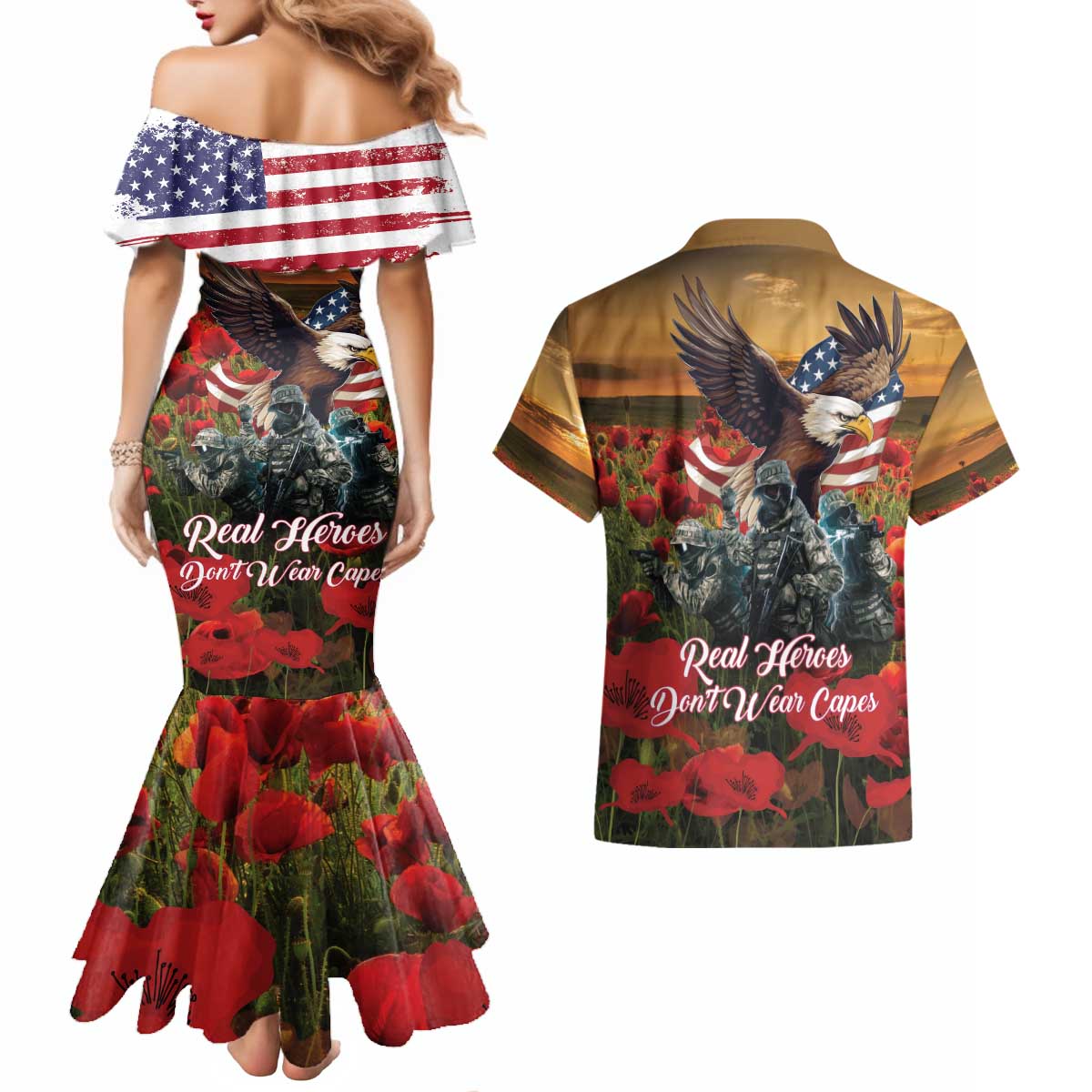 US Veterans Day American Army Couples Matching Mermaid Dress and Hawaiian Shirt With Poppy Flowers - Wonder Print Shop