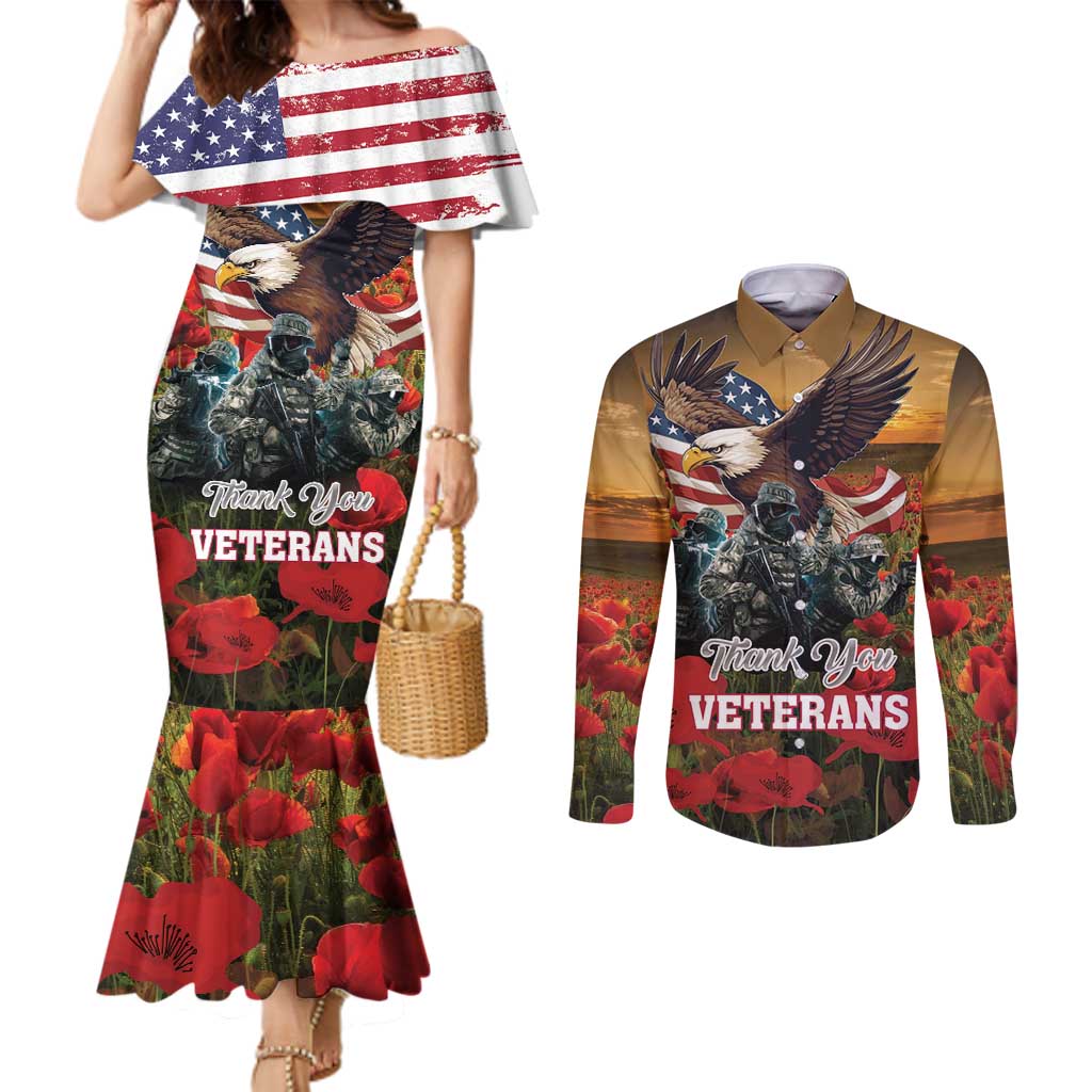 US Veterans Day American Army Couples Matching Mermaid Dress and Long Sleeve Button Shirt With Poppy Flowers