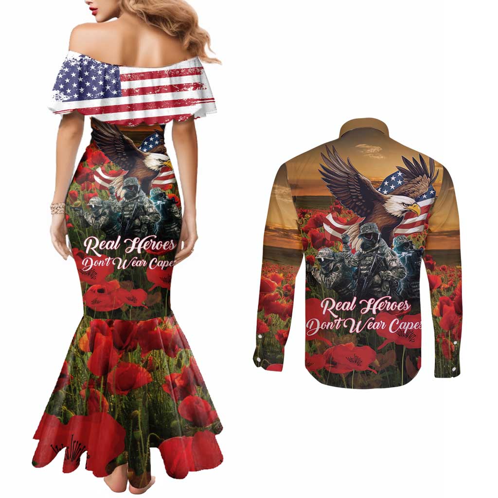 US Veterans Day American Army Couples Matching Mermaid Dress and Long Sleeve Button Shirt With Poppy Flowers
