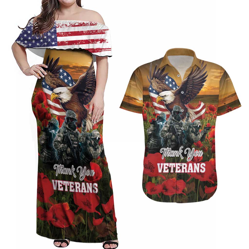 US Veterans Day American Army Couples Matching Off Shoulder Maxi Dress and Hawaiian Shirt With Poppy Flowers - Wonder Print Shop