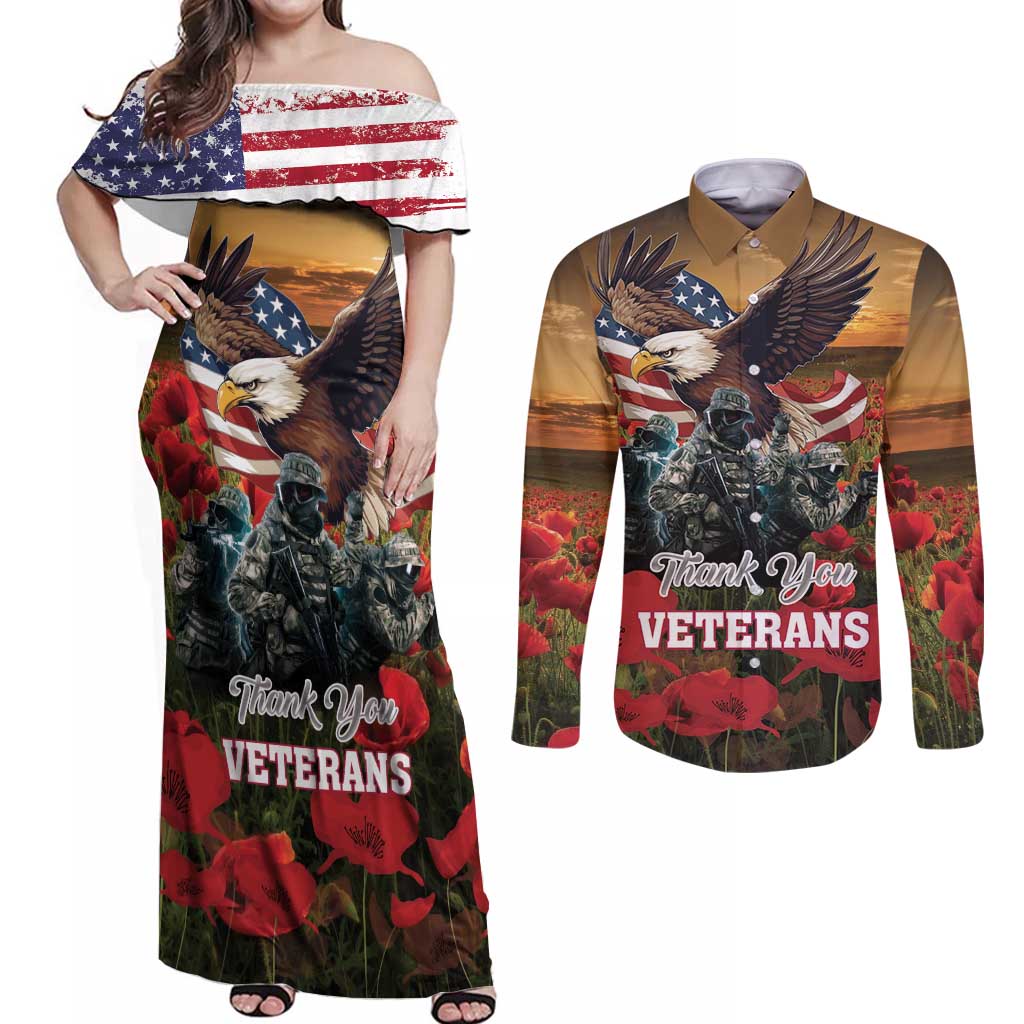 US Veterans Day American Army Couples Matching Off Shoulder Maxi Dress and Long Sleeve Button Shirt With Poppy Flowers - Wonder Print Shop
