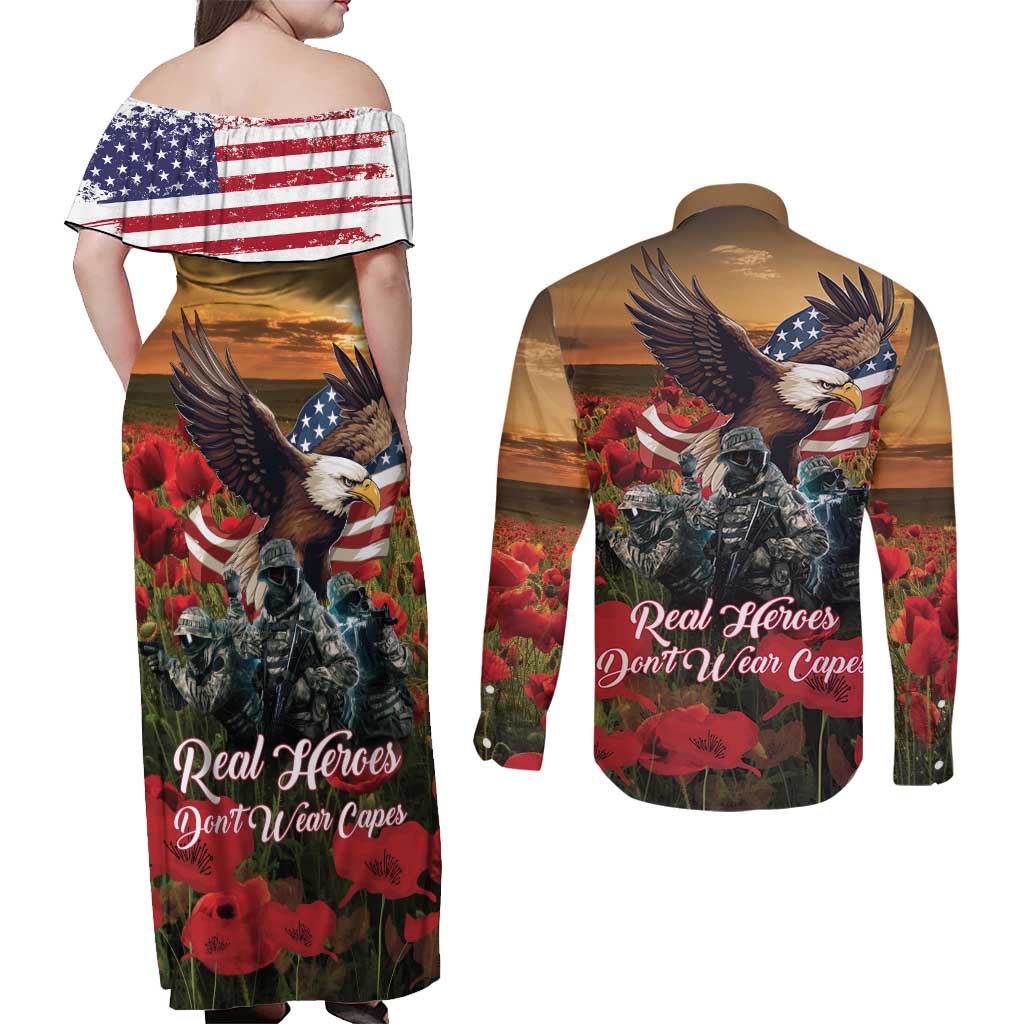 US Veterans Day American Army Couples Matching Off Shoulder Maxi Dress and Long Sleeve Button Shirt With Poppy Flowers - Wonder Print Shop