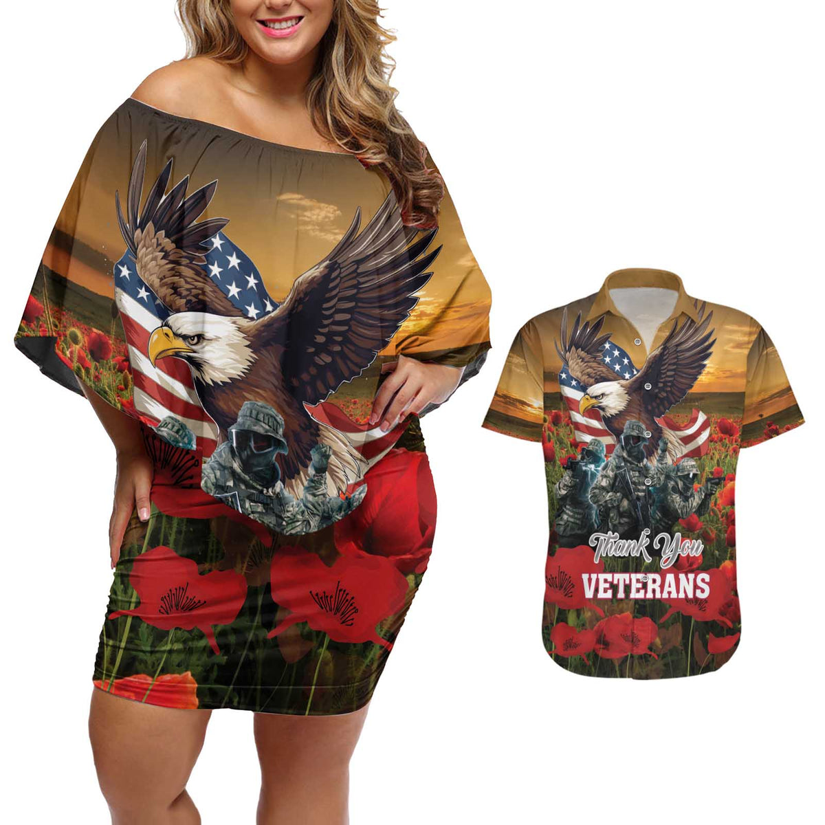 US Veterans Day American Army Couples Matching Off Shoulder Short Dress and Hawaiian Shirt With Poppy Flowers - Wonder Print Shop